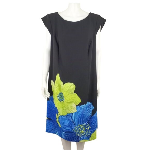 Studio I Black Blue Green Floral Cap Sleeve Midi Sheath Dress - Picture 1 of 7